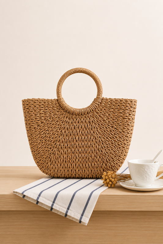 SERENELLA | Bolso en forma de media luna de paja trenzada color coñac