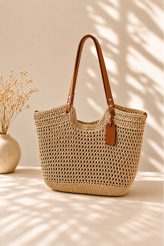 ALINA | Bolso shopper trenzado a mano con ganchillo - Beige claro